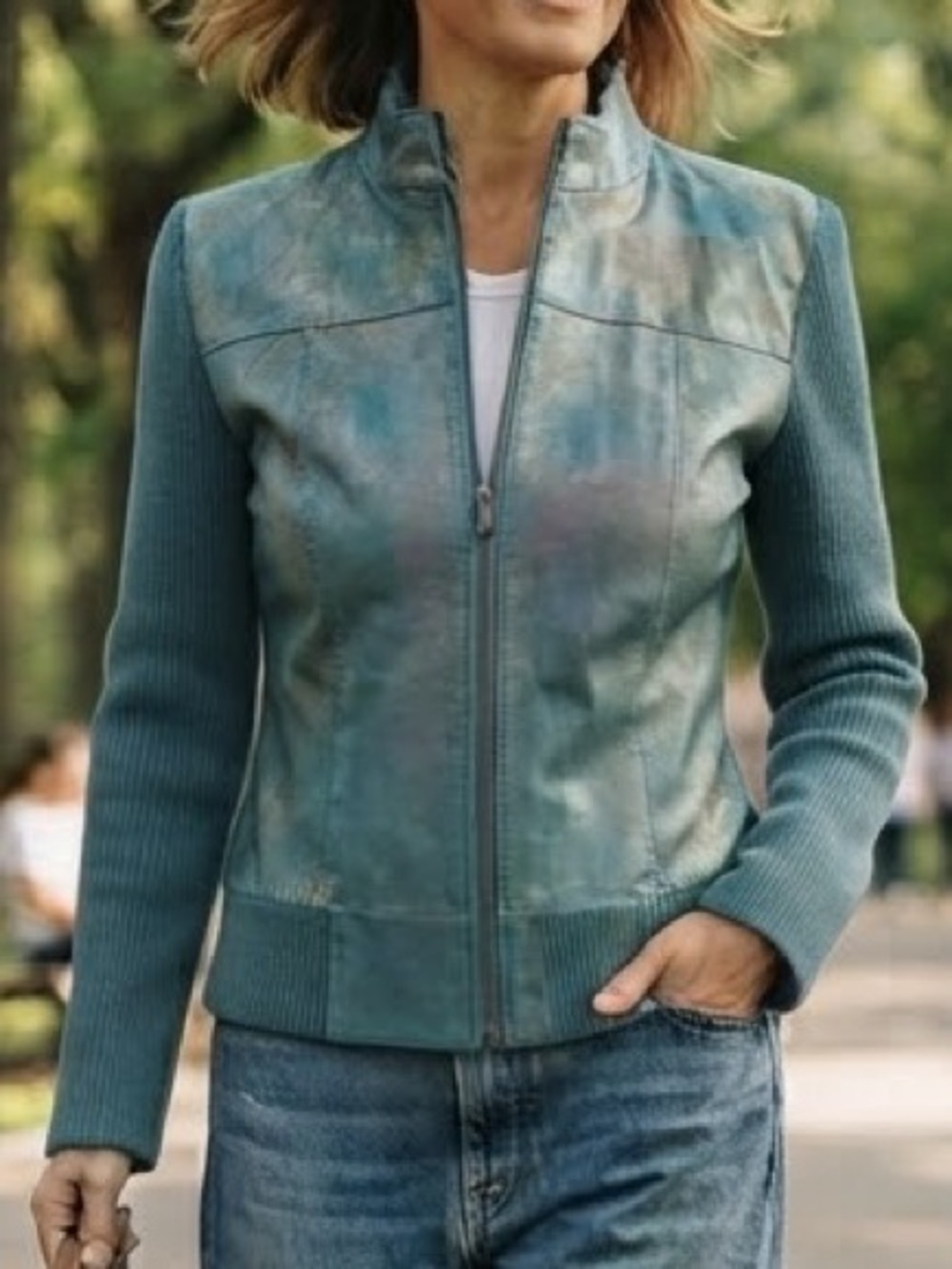 Vintage Like Love Metallic Leather Knit Full Zip Bomber Jacket Teal M Colorblock